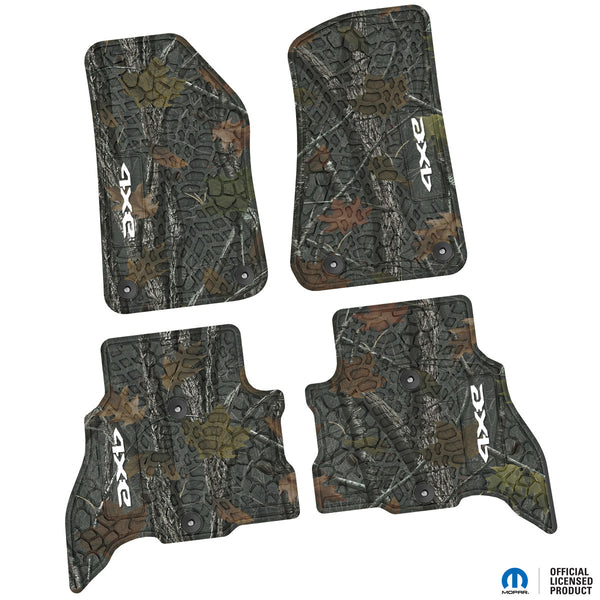 Jeep Floor Mats 21-23 Jeep 4XE 4 Piece Tire Tread/Scorched Earth Scene w/ 4xe Insert - Rugged Woods w/ White insert FlexTread