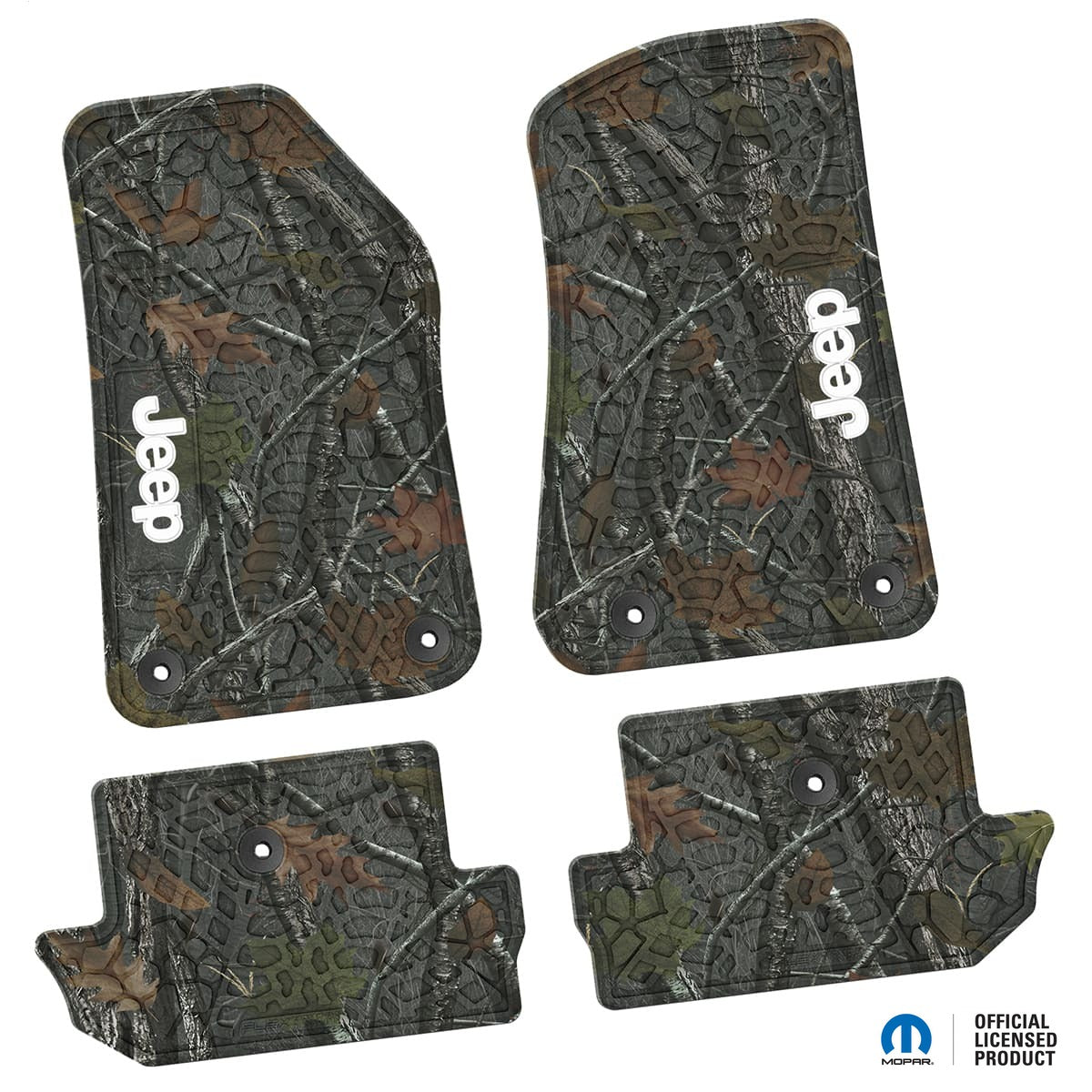 Jeep Floor Mats 18-24 Jeep Wrangler JL 2 Dr 4 Piece Tire Tread/Scorched Earth Scene w/ Jeep Insert - Rugged Woods w/ White insert FlexTread