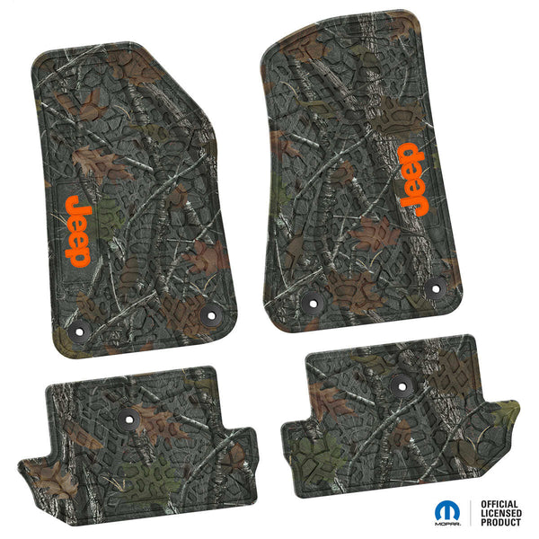 Jeep Floor Mats 18-Up Jeep Wrangler JL 2 Dr 4 Piece Tire Tread/Scorched Earth Scene w/ Jeep Insert - Rugged Woods w/ Orange insert FlexTread
