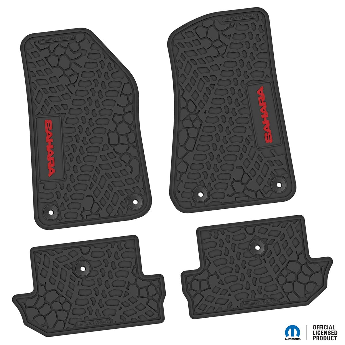 Jeep Floor Mats 18-Up Jeep Wrangler JL 2 Dr 4 Piece Tire Tread/Scorched Earth Scene w/ Sahara Insert - Black w/ Red Insert FlexTread
