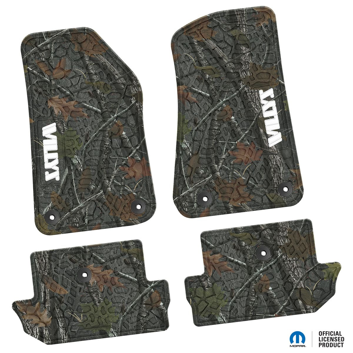 Jeep Floor Mats 18-24 Jeep Wrangler JL 2 Dr 4 Piece Tire Tread/Scorched Earth Scene w/ Willys Insert - Rugged Woods w/ White insert FlexTread
