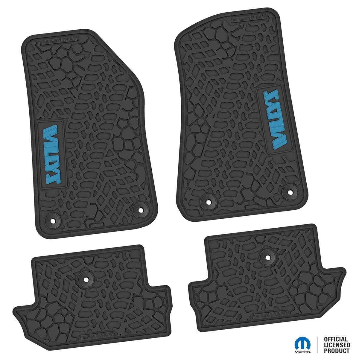 Jeep Floor Mats 18-Up Jeep Wrangler JL 2 Dr 4 Piece Tire Tread/Scorched Earth Scene w/ Willys Insert - Black w/ Light Blue Insert FlexTread
