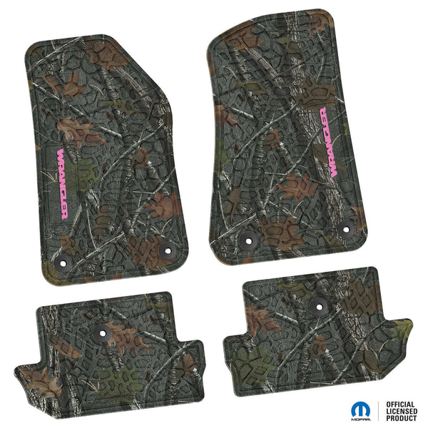 Jeep Floor Mats 18-Up Jeep Wrangler JL 2 Dr 4 Piece Tire Tread/Scorched Earth Scene w/ Wrangler Insert - Rugged Woods w/ Pink insert FlexTread