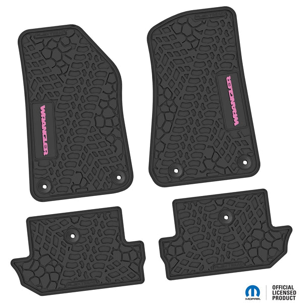 Jeep Floor Mats 18-Up Jeep Wrangler JL 2 Dr 4 Piece Tire Tread/Scorched Earth Scene w/ Wrangler Insert - Black w/ Pink Insert FlexTread